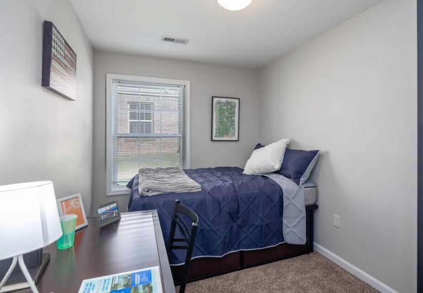 a bedroom with a desk and a bed