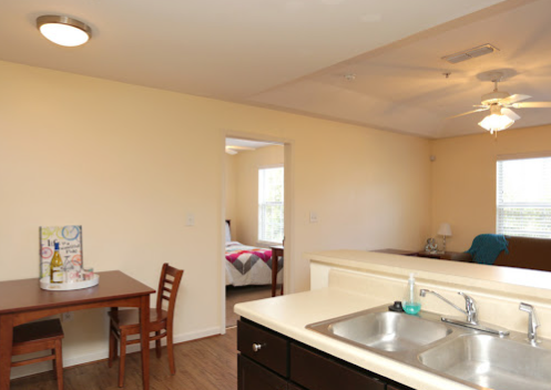 a kitchen and dining area